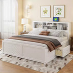 Lit plateforme en bois King Size Whisen avec tête de lit multi-rangements, port USB et tiroirs