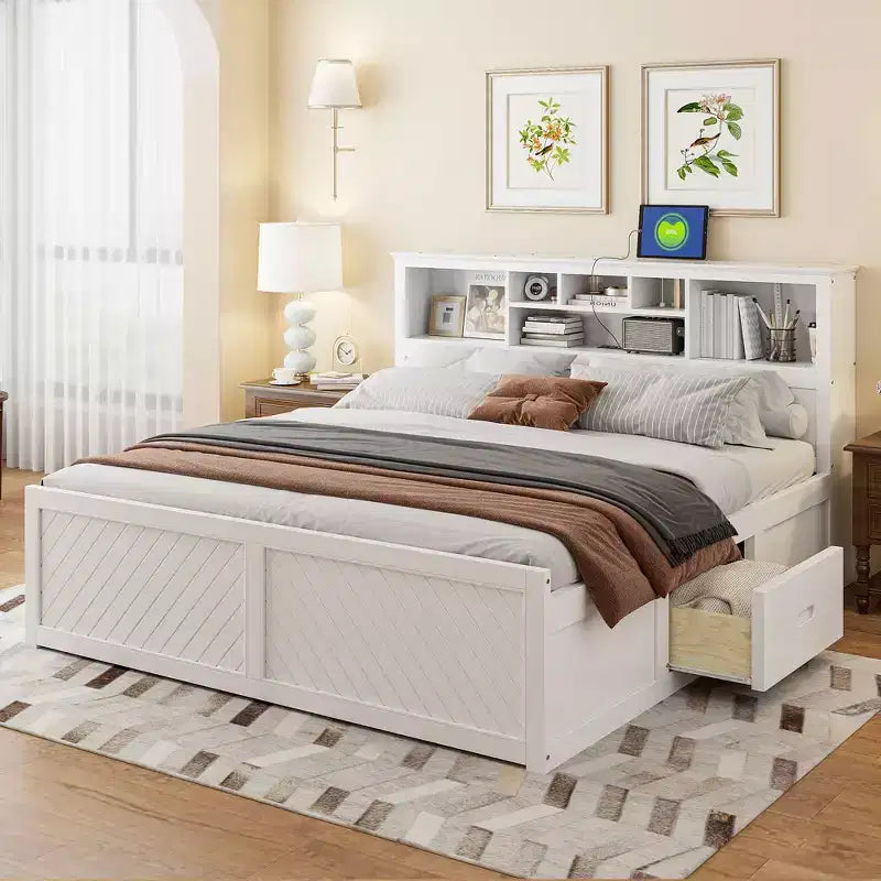 Lit plateforme en bois King Size Whisen avec tête de lit multi-rangements, port USB et tiroirs