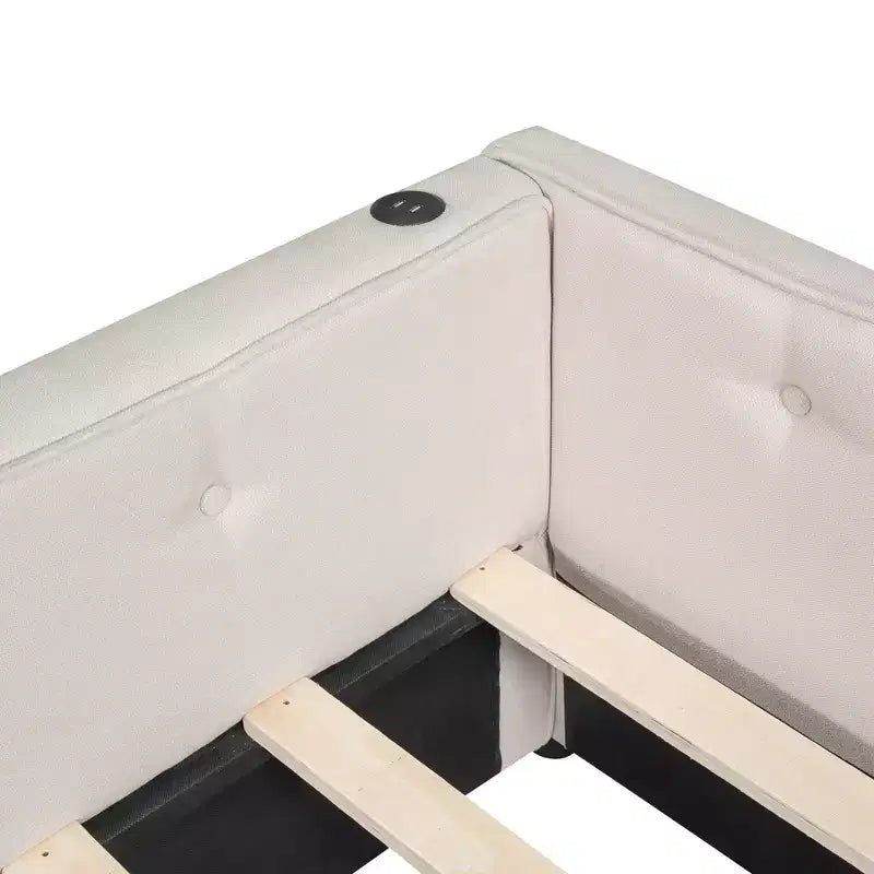 Lit plateforme Queen Size, cadre de lit en bois rembourré avec ports USB et 2 tiroirs, beige - ModernLuxe