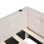 Lit plateforme Queen Size, cadre de lit en bois rembourré avec ports USB et 2 tiroirs, beige - ModernLuxe