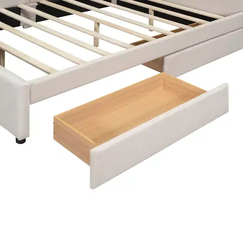 Lit plateforme Queen Size, cadre de lit en bois rembourré avec ports USB et 2 tiroirs, beige - ModernLuxe
