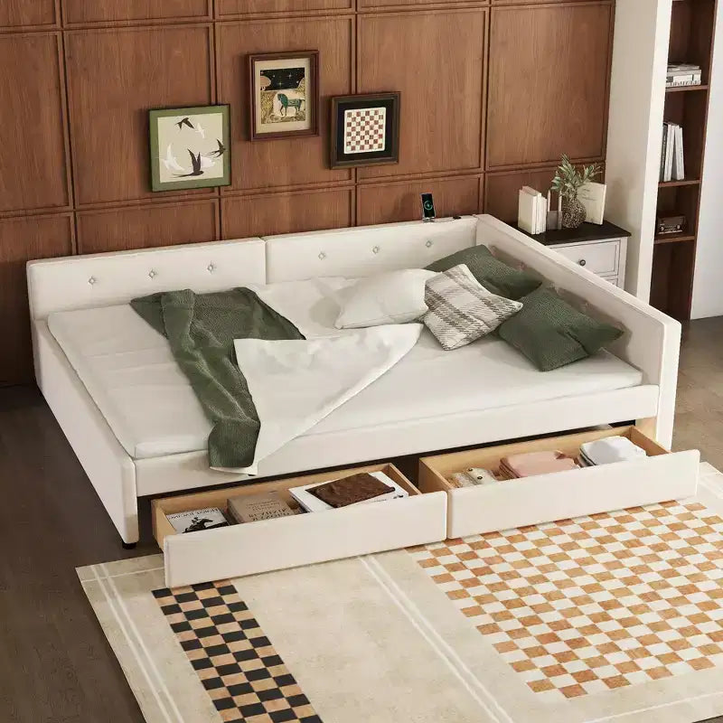 Queen Size Platform Bed, Upholstered Wooden Bed Frame with USB Ports and 2 Drawers, Beige -ModernLuxe