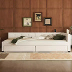 Lit plateforme Queen Size, cadre de lit en bois rembourré avec ports USB et 2 tiroirs, beige - ModernLuxe