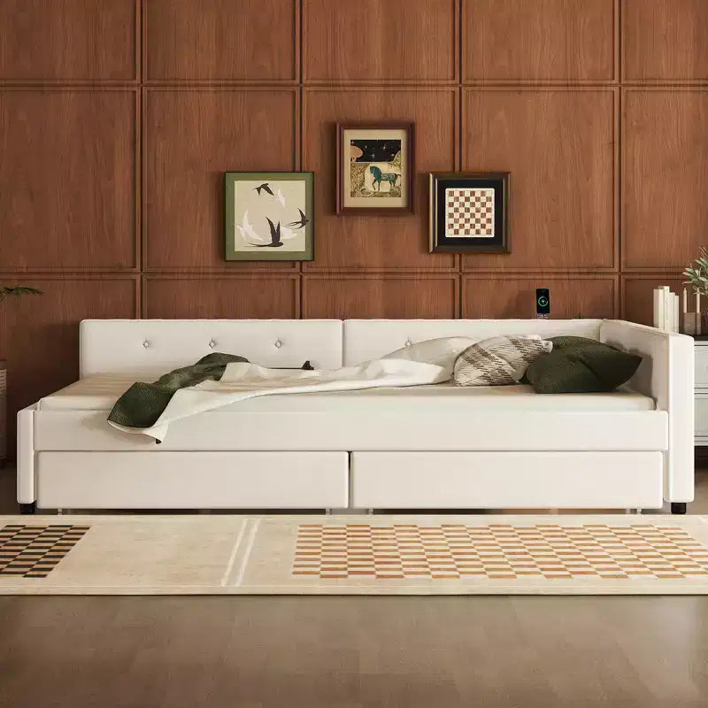 Lit plateforme Queen Size, cadre de lit en bois rembourré avec ports USB et 2 tiroirs, beige - ModernLuxe