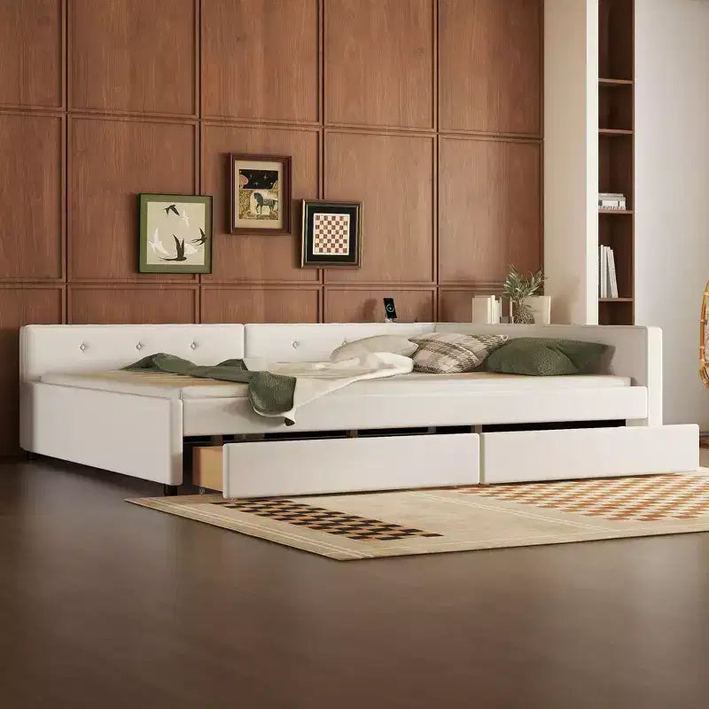 Lit plateforme Queen Size, cadre de lit en bois rembourré avec ports USB et 2 tiroirs, beige - ModernLuxe