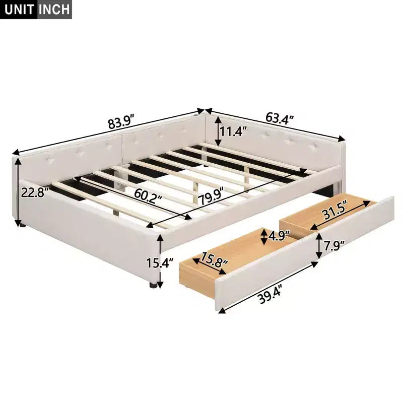 Lit plateforme Queen Size, cadre de lit en bois rembourré avec ports USB et 2 tiroirs, beige - ModernLuxe