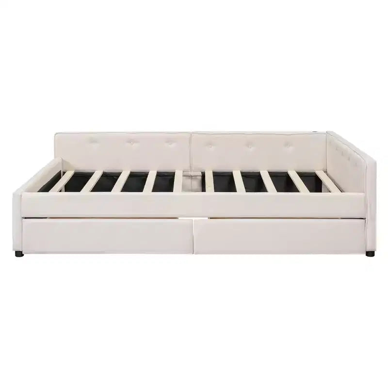 Lit plateforme Queen Size, cadre de lit en bois rembourré avec ports USB et 2 tiroirs, beige - ModernLuxe