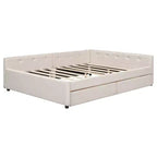 Lit plateforme Queen Size, cadre de lit en bois rembourré avec ports USB et 2 tiroirs, beige - ModernLuxe