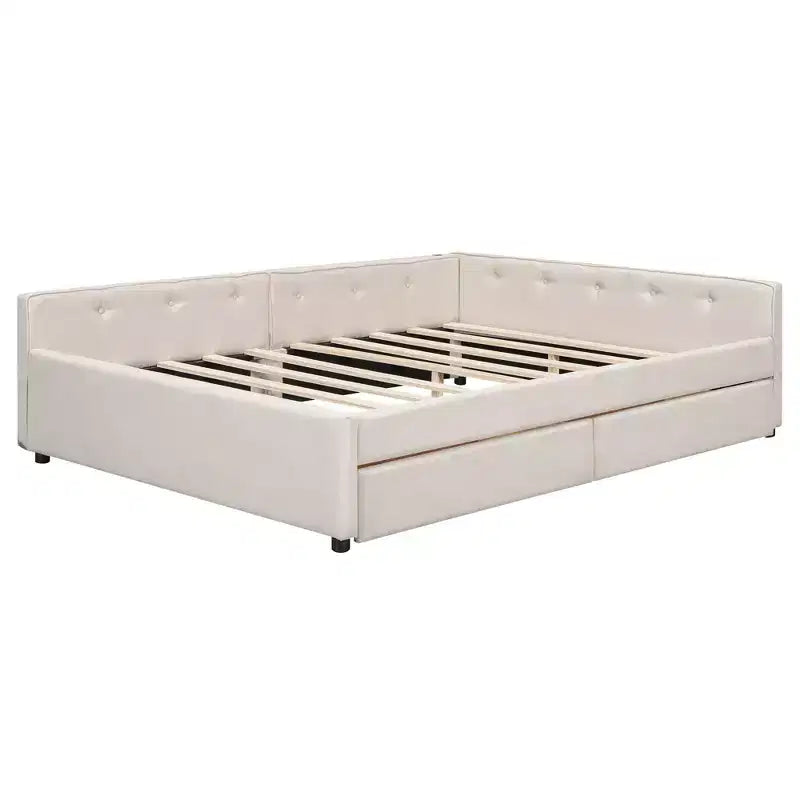 Lit plateforme Queen Size, cadre de lit en bois rembourré avec ports USB et 2 tiroirs, beige - ModernLuxe