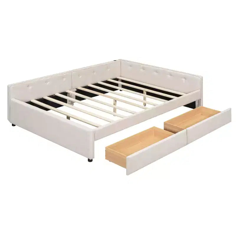 Lit plateforme Queen Size, cadre de lit en bois rembourré avec ports USB et 2 tiroirs, beige - ModernLuxe