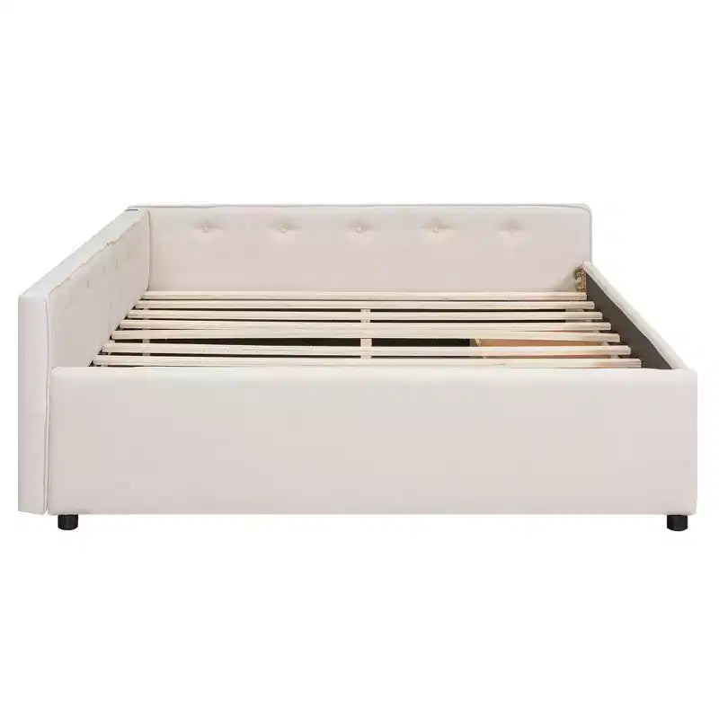 Lit plateforme Queen Size, cadre de lit en bois rembourré avec ports USB et 2 tiroirs, beige - ModernLuxe