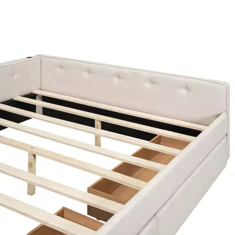 Lit plateforme Queen Size, cadre de lit en bois rembourré avec ports USB et 2 tiroirs, beige - ModernLuxe