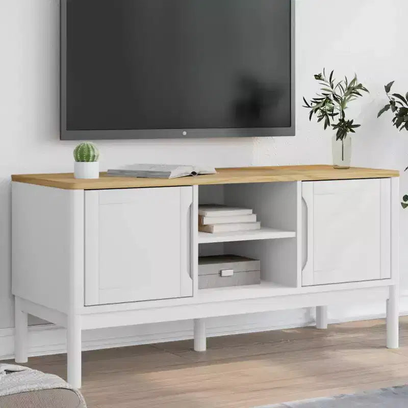 Meuble TV vidaXL Floro - Pin massif - Meuble blanc moderne - 114x43x55 cm - Convient aux téléviseurs de 51 à 60 pouces - Grand espace de rangement - Idéal pour le salon
