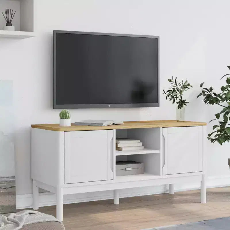 Meuble TV vidaXL Floro - Pin massif - Meuble blanc moderne - 114x43x55 cm - Convient aux téléviseurs de 51 à 60 pouces - Grand espace de rangement - Idéal pour le salon