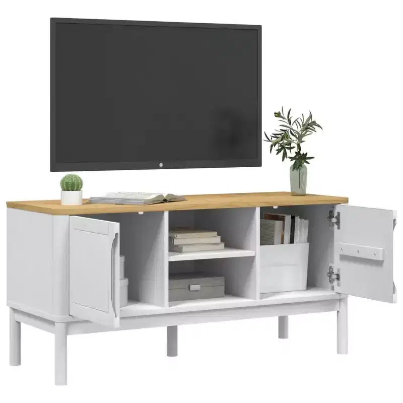 Meuble TV vidaXL Floro - Pin massif - Meuble blanc moderne - 114x43x55 cm - Convient aux téléviseurs de 51 à 60 pouces - Grand espace de rangement - Idéal pour le salon