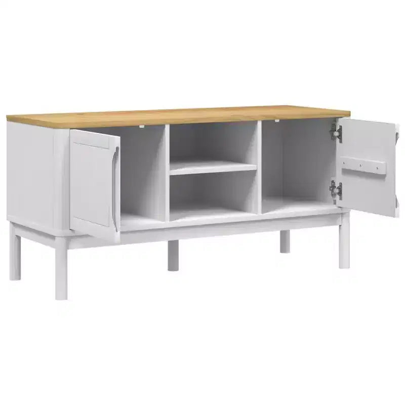 Meuble TV vidaXL Floro - Pin massif - Meuble blanc moderne - 114x43x55 cm - Convient aux téléviseurs de 51 à 60 pouces - Grand espace de rangement - Idéal pour le salon