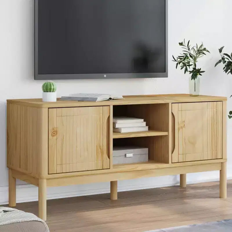 vidaXL Meuble TV Floro - Bois de pin massif, brun ciré 114x43x55 cm - Armoire moderne pour salon