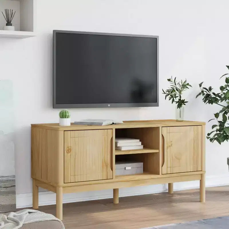 vidaXL Meuble TV Floro - Bois de pin massif, brun ciré 114x43x55 cm - Armoire moderne pour salon