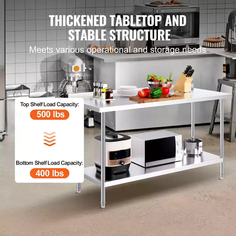 VEVOR Table de Travail en Acier Inoxydable 24 x 60 x 36 Pouces, Table de Préparation Alimentaire Commerciale Robuste, Table de Travail en Métal à Hauteur Réglable