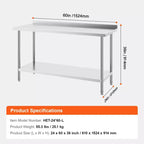 VEVOR Table de Travail en Acier Inoxydable 24 x 60 x 36 Pouces, Table de Préparation Alimentaire Commerciale Robuste, Table de Travail en Métal à Hauteur Réglable