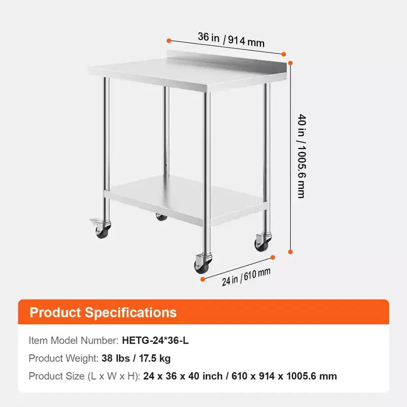 VEVOR Table de travail en acier inoxydable 24 x 36 x 40 pouces, Table de préparation alimentaire commerciale avec roulettes, Table de préparation robuste, Table de travail en métal