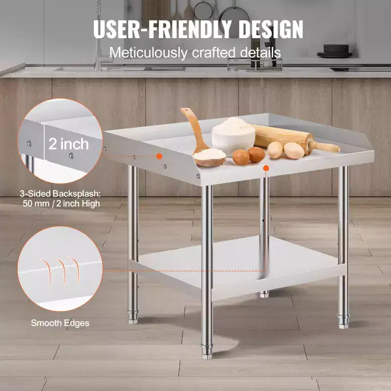 VEVOR Table de Travail en Acier Inoxydable, Table de Préparation Alimentaire Commerciale de 61 x 71 x 66 cm, Table de Préparation Robuste avec Dosseret sur 3 Côtés, Table de Travail en Métal