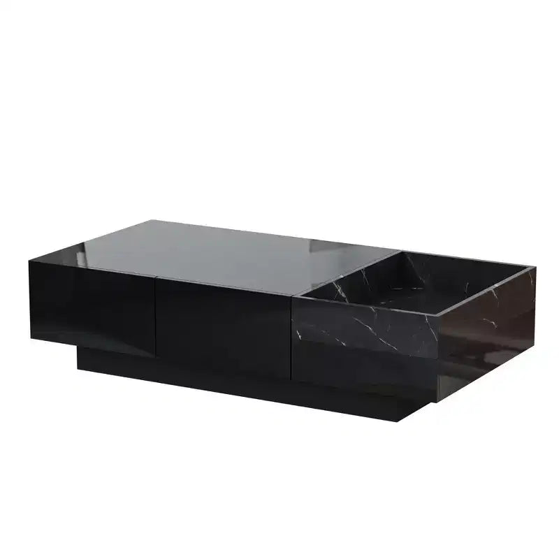 Famapy Table basse moderne en marbre noir - motif avec tiroirs de rangement et étagères ouvertes pour salon