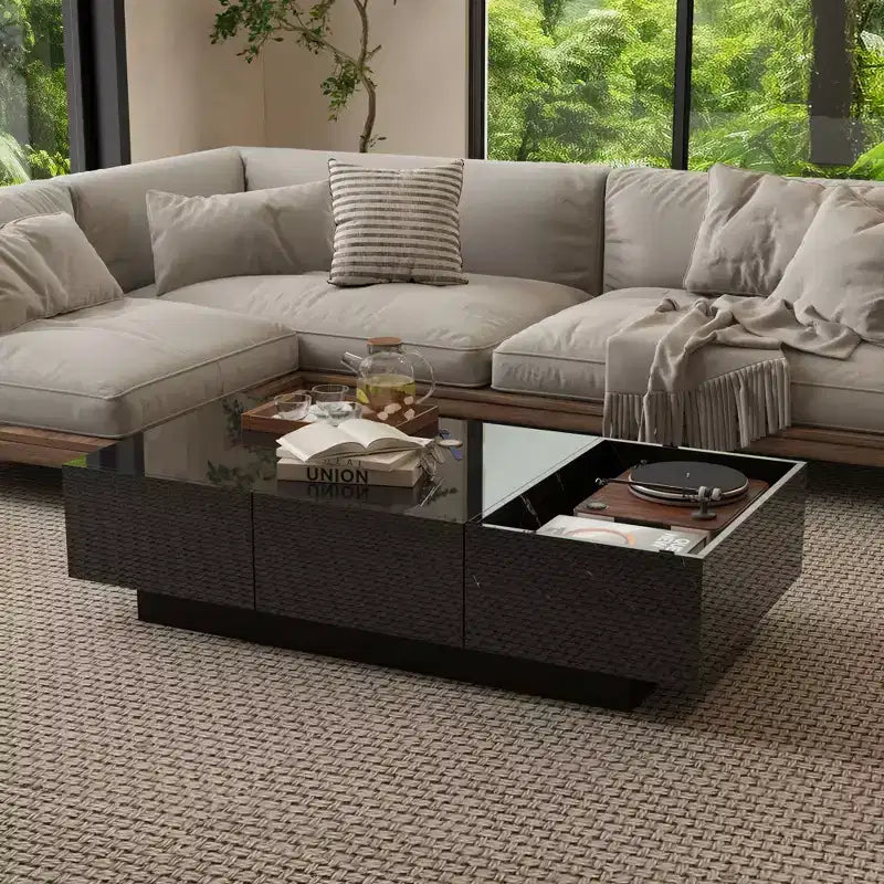 Famapy Table basse moderne en marbre noir - motif avec tiroirs de rangement et étagères ouvertes pour salon