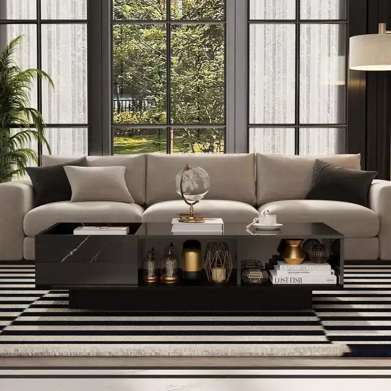 Famapy Table basse moderne en marbre noir - motif avec tiroirs de rangement et étagères ouvertes pour salon
