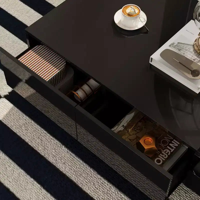 Famapy Table basse moderne en marbre noir - motif avec tiroirs de rangement et étagères ouvertes pour salon