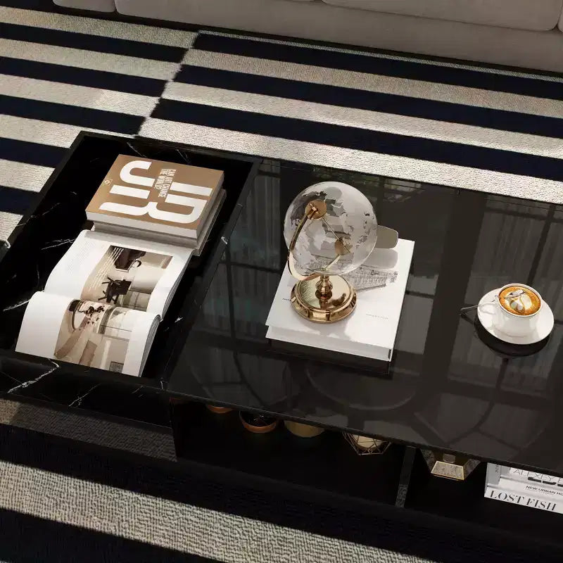 Famapy Table basse moderne en marbre noir - motif avec tiroirs de rangement et étagères ouvertes pour salon