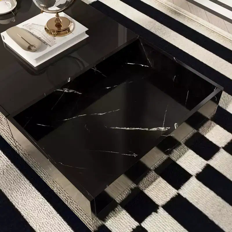 Famapy Table basse moderne en marbre noir - motif avec tiroirs de rangement et étagères ouvertes pour salon