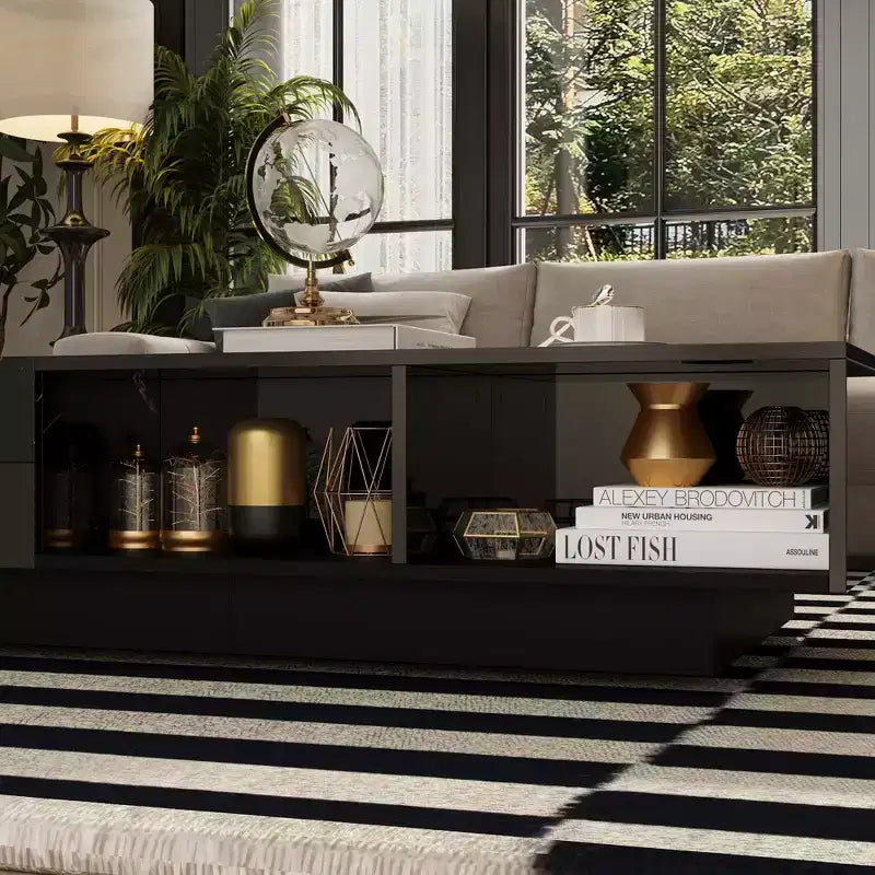 Famapy Table basse moderne en marbre noir - motif avec tiroirs de rangement et étagères ouvertes pour salon