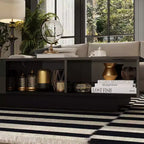 Famapy Table basse moderne en marbre noir - motif avec tiroirs de rangement et étagères ouvertes pour salon
