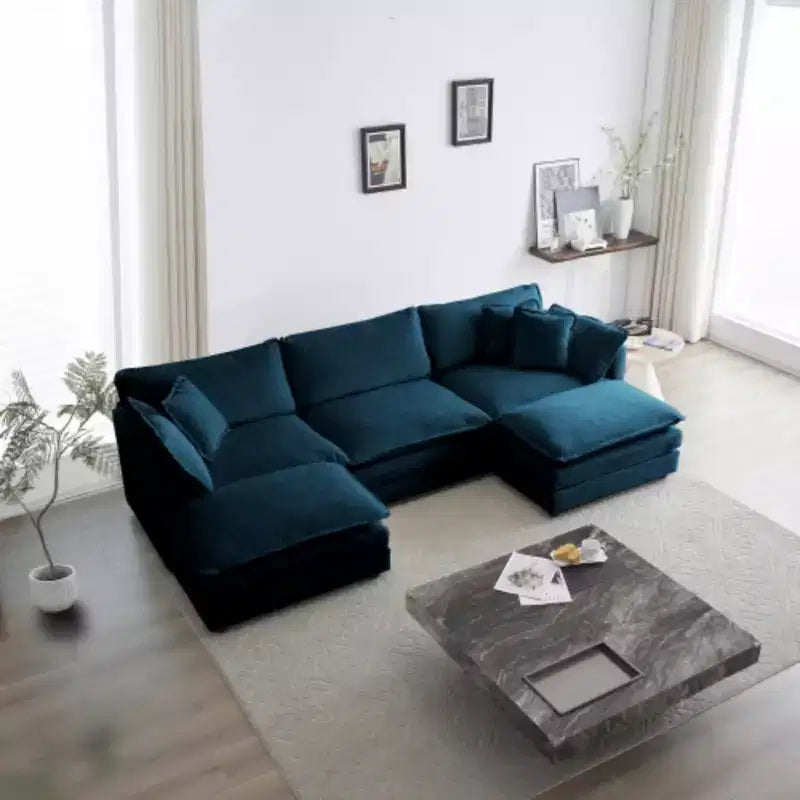 Canapé sectionnel en U avec repose-pieds réversible, canapé d'angle convertible 5 places accompagné de 2 poufs