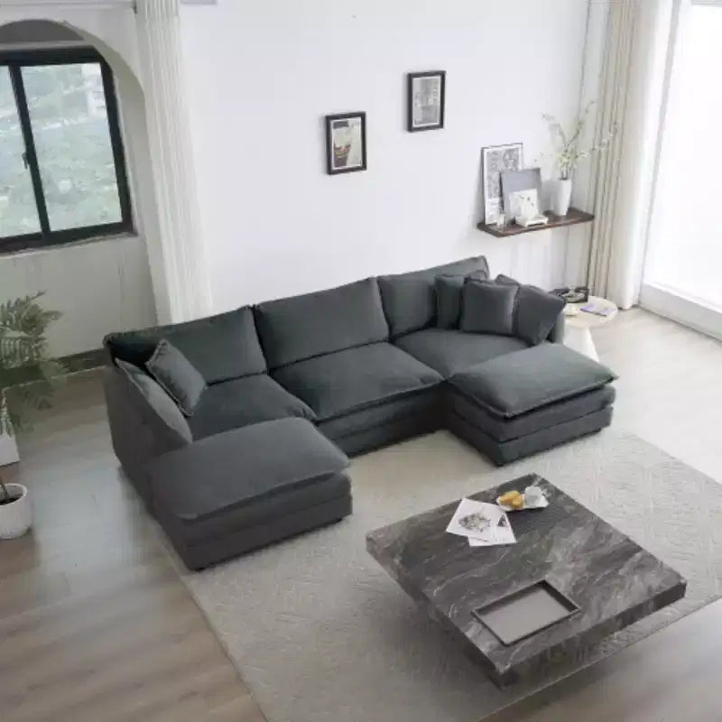 Canapé sectionnel en U avec repose-pieds réversible, canapé d'angle convertible 5 places accompagné de 2 poufs