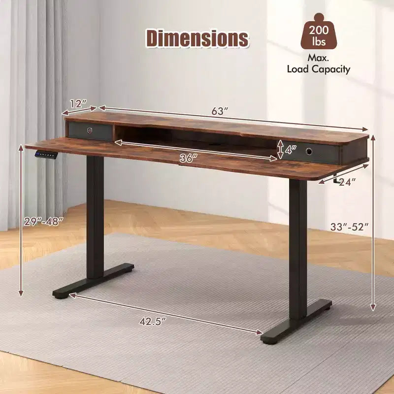 Bureau électrique assis-debout Costway 63 x 24 avec 2 tiroirs, support de moniteur, étagère de rangement, marron/noir/blanc