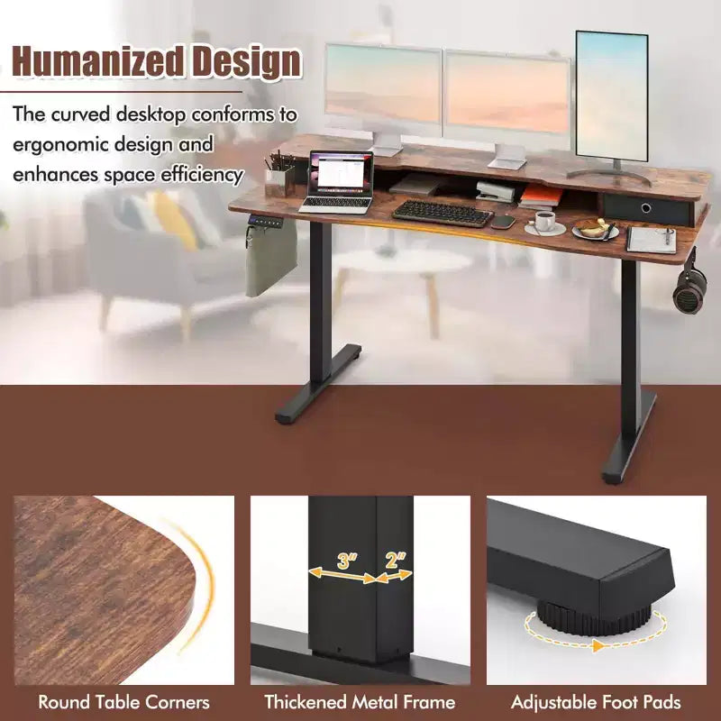 Bureau électrique assis-debout Costway 63 x 24 avec 2 tiroirs, support de moniteur, étagère de rangement, marron/noir/blanc
