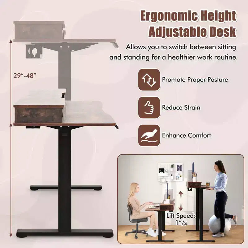 Bureau électrique assis-debout Costway 63 x 24 avec 2 tiroirs, support de moniteur, étagère de rangement, marron/noir/blanc