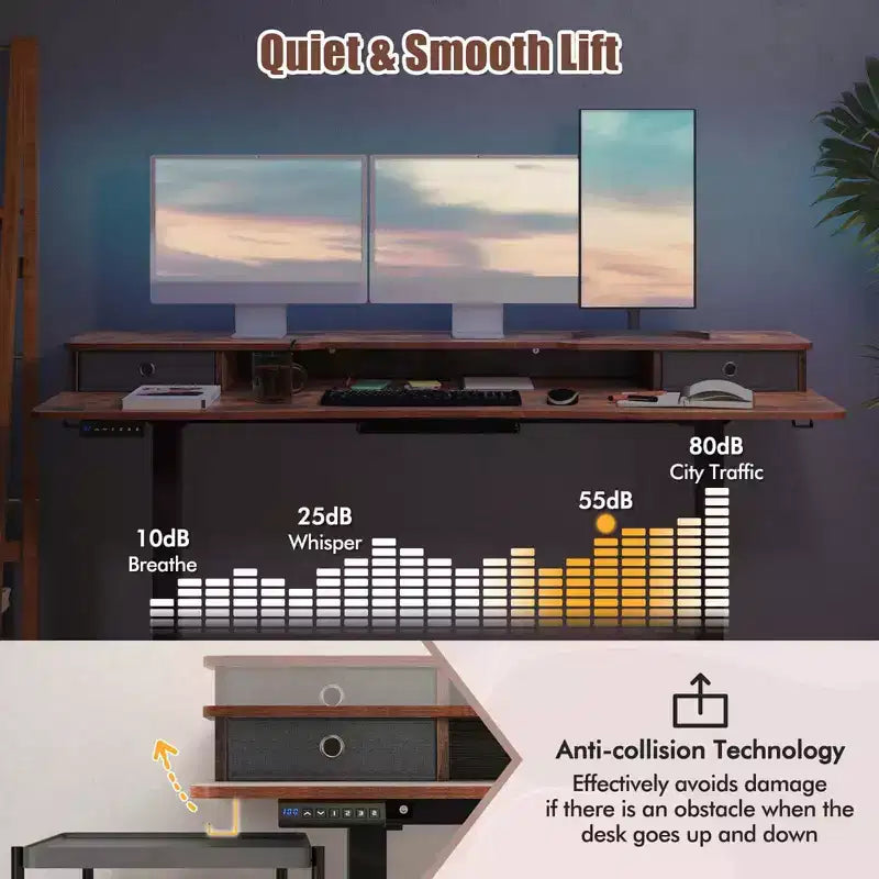 Bureau électrique assis-debout Costway 63 x 24 avec 2 tiroirs, support de moniteur, étagère de rangement, marron/noir/blanc