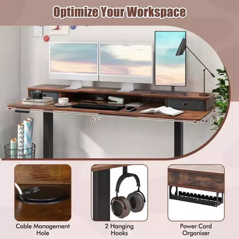Bureau électrique assis-debout Costway 63 x 24 avec 2 tiroirs, support de moniteur, étagère de rangement, marron/noir/blanc
