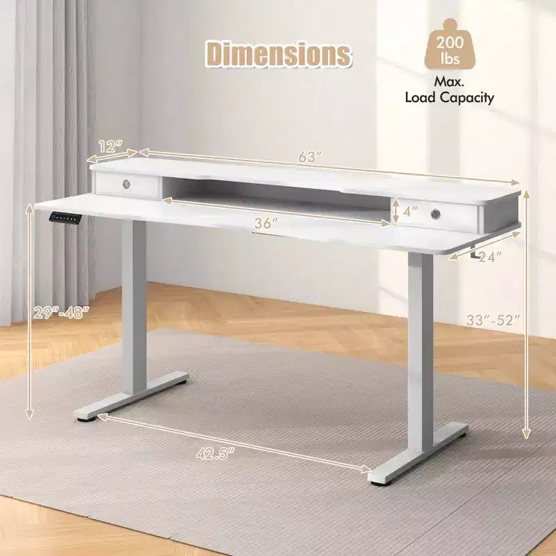 Bureau électrique assis-debout Costway 63 x 24 avec 2 tiroirs, support de moniteur, étagère de rangement, marron/noir/blanc