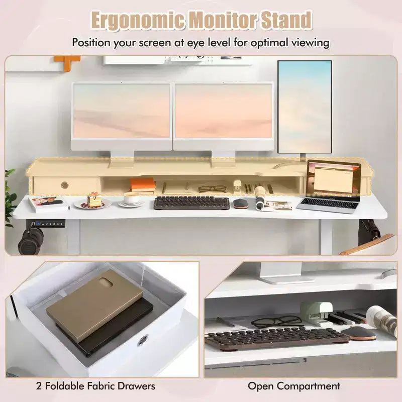 Bureau électrique assis-debout Costway 63 x 24 avec 2 tiroirs, support de moniteur, étagère de rangement, marron/noir/blanc