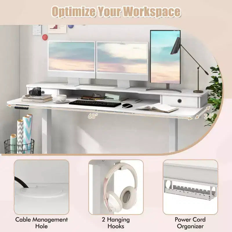 Bureau électrique assis-debout Costway 63 x 24 avec 2 tiroirs, support de moniteur, étagère de rangement, marron/noir/blanc
