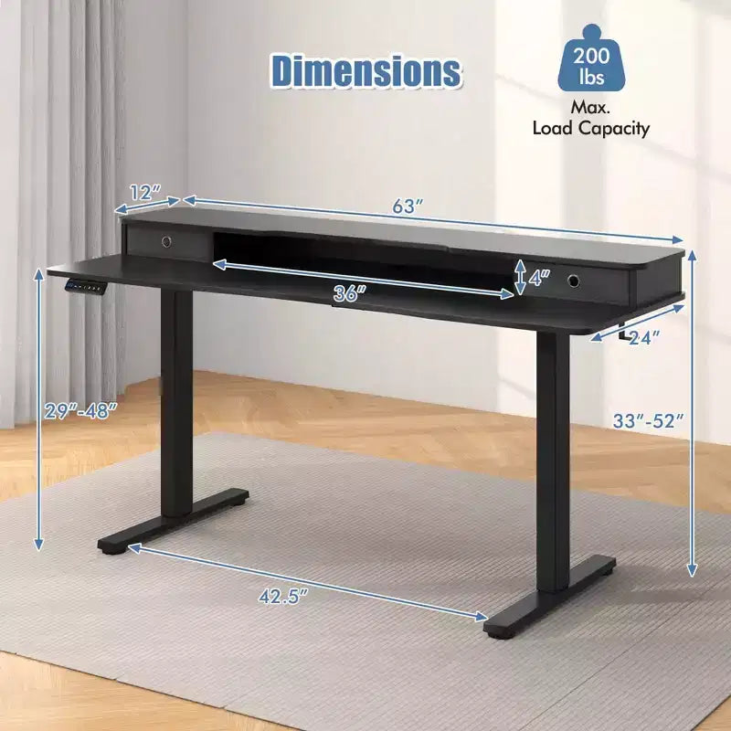 Bureau électrique assis-debout Costway 63 x 24 avec 2 tiroirs, support de moniteur, étagère de rangement, marron/noir/blanc