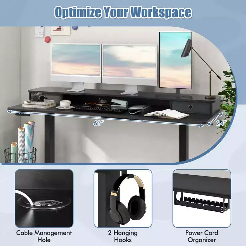 Bureau électrique assis-debout Costway 63 x 24 avec 2 tiroirs, support de moniteur, étagère de rangement, marron/noir/blanc