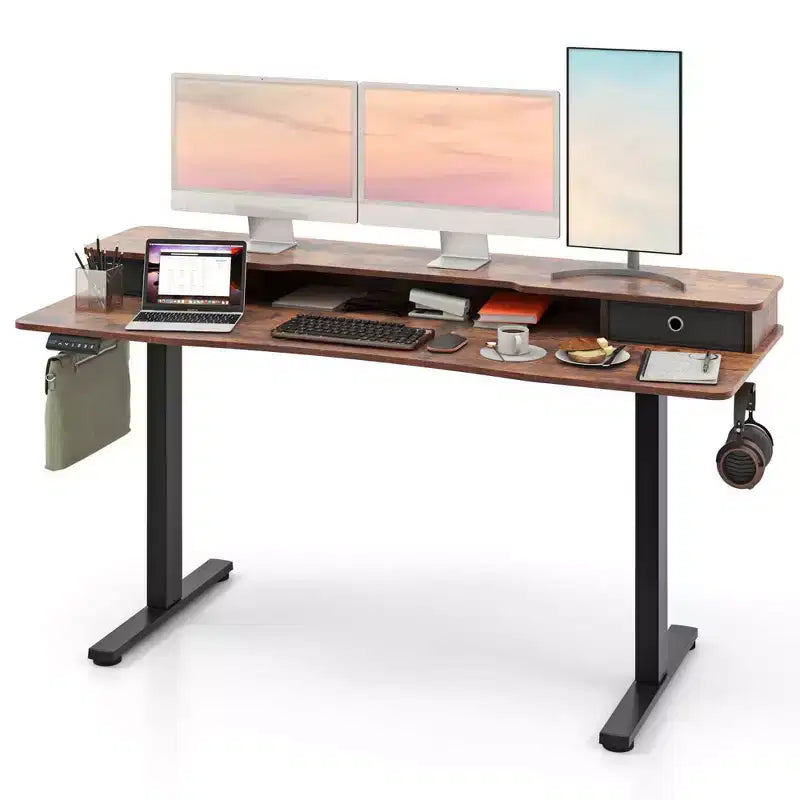 Bureau électrique assis-debout Costway 63 x 24 avec 2 tiroirs, support de moniteur, étagère de rangement, marron/noir/blanc