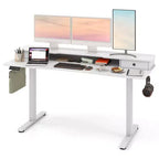 Bureau électrique assis-debout Costway 63 x 24 avec 2 tiroirs, support de moniteur, étagère de rangement, marron/noir/blanc