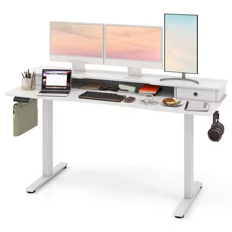 Bureau électrique assis-debout Costway 63 x 24 avec 2 tiroirs, support de moniteur, étagère de rangement, marron/noir/blanc
