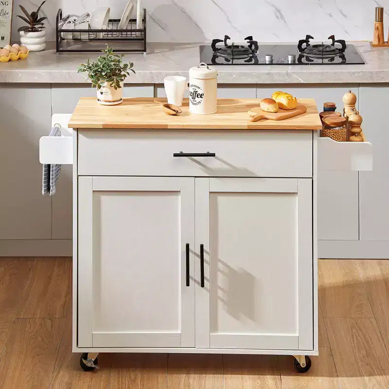 VEVOR Chariot de cuisine avec plateau en bois massif, 90 cm de large, avec armoire de rangement, table de cuisine roulante avec porte-épices, porte-serviettes, blanc